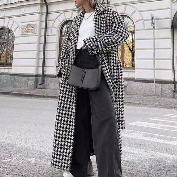 Black And White Elegant Women's houndstooth belted long Coat jacket - Picture 5 of 6